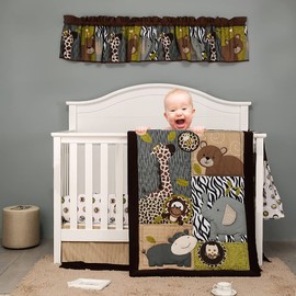 Brandream Jungle Crib Bedding Sets for Baby Boys Elephant Animal Zoo Nursery Bedding Set Zebra Giraffe Monkey Hippo Owl Bear 3D Pattern 6-Piece Cotton Comforter Set