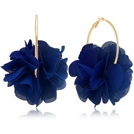NONQL Bohemian Aesthetic Fabric Flower Lightweight Hoop Earrings Handmade Summer Vacation Dangle Drop Earrings For Women (Navy)