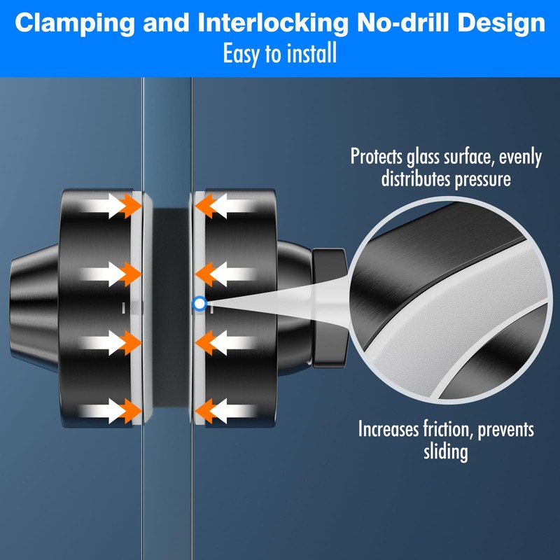 Ranbo Frameless Double-Sided Glass Door Lock,Clamp-On No-Drill,304 Stainless Steel,for 3/8"–1/2"(10-12mm)