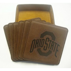 GFSF Ohio State Set of Six 6 Engraved Leather 4"x4" Coasters in a Leather Holder