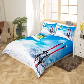 Teens’ Ski Bed Blanket, Skier, Skiing in High Mountains, Extreme Winter Sports, Hobby, Activity Duvet Cover, Decorative 2-Piece Bedding Set with 1 Pillowcase for Children, Boys, 135 x 200 cm, White/Blue