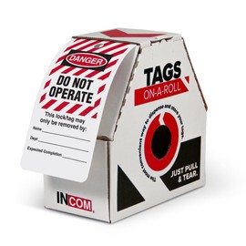 INCOM Manufacturing Lockout Tags On A Roll, Danger Do Not Operate, Heavy-Duty DuraPly™ Stock, Waterproof And Tear-Resistant, Red/Black On White, 6.25 Inch X 3 Inch X 10 Mil Thickness, 250 pack,RT6025F