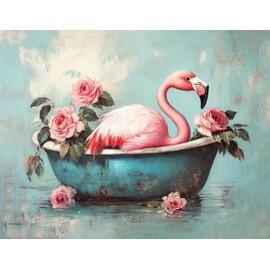 Olivine Flamingo Wall Art, Funny Animal Bathtub Pictures Wall Decor, Vintage Flamingo Bathroom Painting Tropical Animal Canvas Prints, Framed Artwork for Bedroom Living Room Office Home 16"x12"