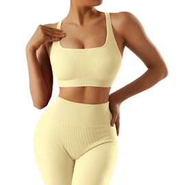 RXRXCOCO Ribbed Workout Sets for Women 2 Piece Backless Strappy Sports Bra Seamless Leggings Matching Set Yoga Outfits Yellow Medium