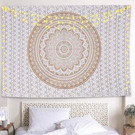 THE ART BOX Hippie Mandala Wall Hangings Ombre Large Tapestry Gold and White - 54x60 inch Indian Cotton Beach Throw Wall Blanket Bohemian Decor Tapestrys - Bedroom Aesthetic Tapestries