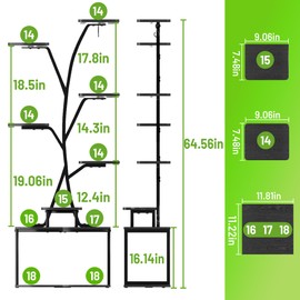 Plant Stand Indoor with Grow Light,8 Tiered Tall Plant Shelf,64.5''Tall Corner Metal Plant Flower Holder for Plants Multiple,Lighted Tree Shaped Plant Display Rack for Living Room,Patio,Balcony,Black