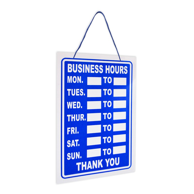 Business Hours Sign Blue High Contrast Hanging Opening Closing Times