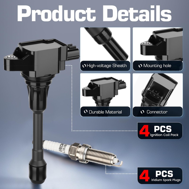 Ignition Coil Pack and Iridium Spark Plug Compatible with Nissan