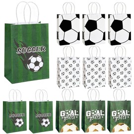 QOIUSO 12PCS Soccer Goodie Bags with Handles - 4 Styles Soccer Snack Bags for Kids Birthday Party - Soccer Party Favor Bag for Team Sports Events, Soccer Theme Party Supplies