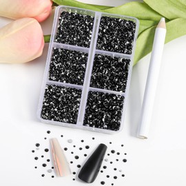 Beadsland 7200pcs Flatback Rhinestones, Clear Rhinestones, Nail Gemstones, Round Crystal Rhinestones for Crafts, Mixed 6 Sizes with Wax Crayon Kit, SS3-SS10, Black