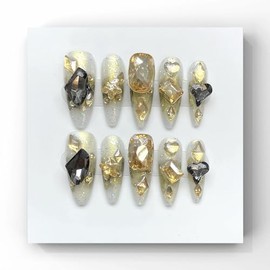 Wsliana Handmade Press On Nails - Long Almond Shape with Gold Glitter and Rhinestones, 10pcs Glue On Acrylic Fake Nails with Storage Box | Stylish Nail Kit (051 L)