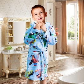 Baogaier Bathrobe Hood Children's Dressing Gown Flannel Sleepwear Robe Terry Cloth Long Sleeves Soft Sleepsuit Bathrobe Pyjamas Waist Belt Cute Animal Pattern for Girls Boys Age 1-7 Years, Car Blue