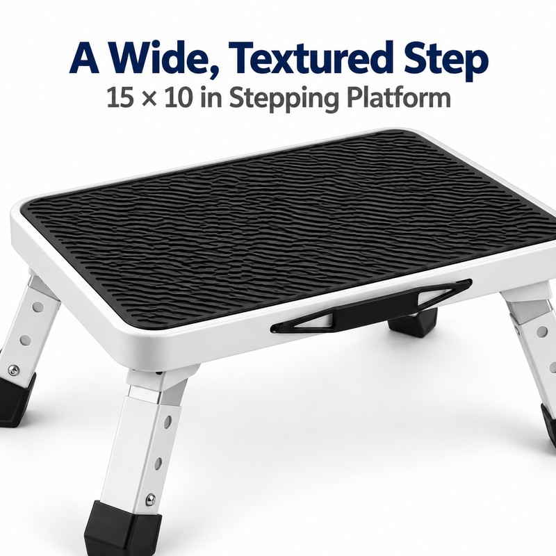 Adjustable 1-Step Stool for Reaching Shelves - Foldable Non-Slip Platform,
