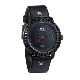 JewelryWe Men's Analogue Quartz Wrist Watch World Map Embossed Dial Gear Casual Watch with Leather Strap for Men Boys Black, black, Ribbon