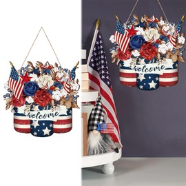 Decorations Patriotic Door Sign Wooden Vintage Red White Blue American Flag Door Hanger Wood Hanging Sign Independence Day 4th of July Front Porch Wall Home Decor Wreaths