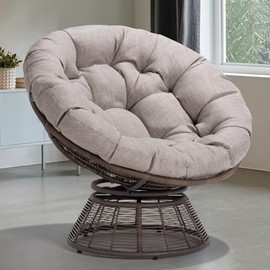 Bme Silver - Brown Bee Base 40" Ergonomic Wicker Papasan Chair with Soft Thick Density Fabric Cushion, Bee-Designed Base, High Capacity Steel Frame, 360 Degree Swivel for Living, Bedroom, Reading Room