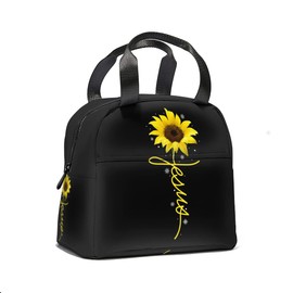 Sunflower Cross Faith Christian Jesus Insulated Lunch Box Portable Thermal Cooler Tote Bag with Front Pocket Reusable Leakproof Lunch Bags for Women Men Girls Adults Work Hiking Picnic Travel