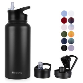 MURBONE Stainless Steel Drinking Bottle 1 Litre (+ 2 Lids) with Straw, BPA-Free, Leak-Proof, Suitable for Carbonated Drinks, Thermos Flask, Vacuum Double Wall Insulation for Sports, Travel, Camping