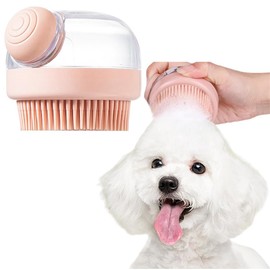 Dog Cat Bath Brush, Pet Shower Massage Brush with Soap Shampoo Dispenser Pet Grooming Massage Rubber Multifunctional Pet Beauty Cleaning Brush Soft Bristle for Long Short Haired Dog Cat Shower, Pink