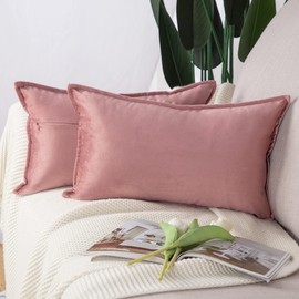 MADIZZ Set of 2 Super Soft Velvet Decorative Throw Pillow Covers 12x20 inch Pink Rectangular with Fringe Luxury Style Cushion Case Pillow Shell for Sofa Bedroom