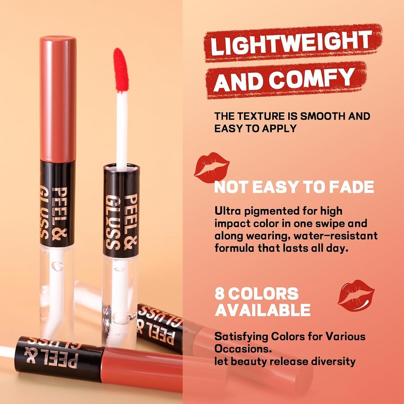 Labial Peel‑Off Mate Doble Cabezal con Brillo – Color Intenso