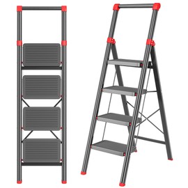 4 Step Ladder, DIAMONDFORGE Folding Step Stool with Wide Anti-Slip Pedal, Anti-Slip Feet and Handgrip, Sturdiest Steel Construction, Steel Ladder for Home, Black Red