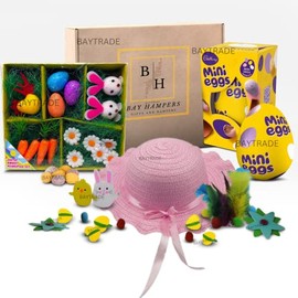 Easter Bonnet Decorations Kit | Easter Gifts for Toddlers Kids Boys Girls |Easter EGG Bundle Straw HAT Ribbon Bow Easter Craft Kits Supplies Feathers Chicks Felt Stickers Carrot Bunny Pom poms (1)