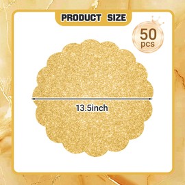 SMUAENSS 50 PCS Gold Glitter Paper Placemats, Paper Placemats Disposable, 13.5" Scalloped Sparkling Placemat, for Birthday Wedding Holiday Party Home Dining Tableware