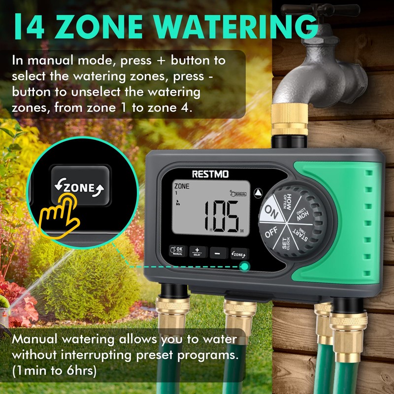 RESTMO 4-Zone Sprinkler Timer, Brass Inlet Programmable Water Timer for