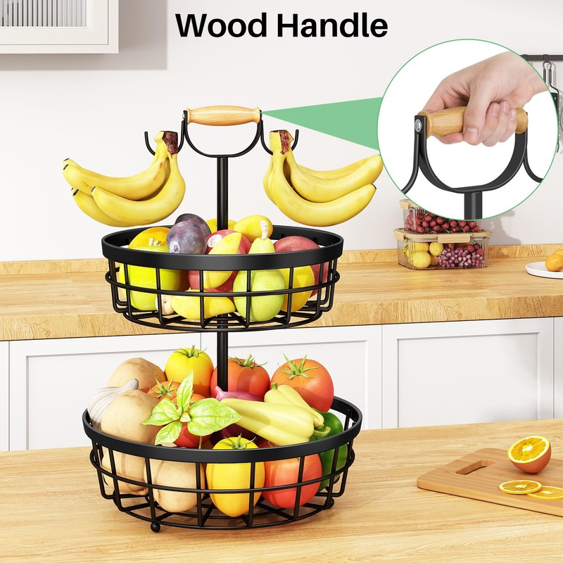 SAYZH 2-Tier Fruit Basket Bowl Vegetable Storage with Dual Banana