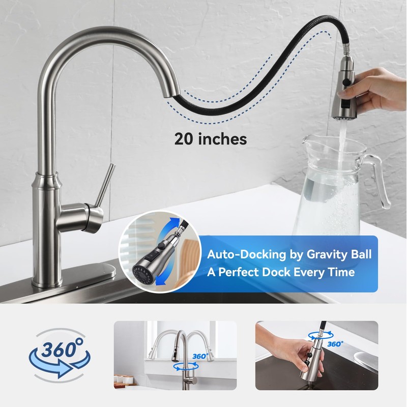 Arofa Kitchen Faucet with Pull Down Sprayer, Brushed Nickel Kitchen