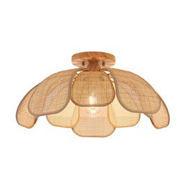 Haolaike Boho 20 Inch Rattan Flush Mount Ceiling Light Flower Light Fixtures Handwoven Lampshade Ceiling Lamp Fixture for Bedroom Kitchen Island Dining Room Living Room