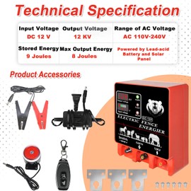 9J Electric Fence Charger Energizer, 9 Joules 400 Acres, AC DC 2 in 1 Powered Supply, Input 12V Output 12KV, with Display Alarm and Remote, Deter Predators, Contain Cattle Cow and Livestock