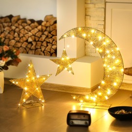 Glooglitter Pre-lit Eid Mubarak Decorations for Home Metal Eid Star Moon Crescent Light Ramadan Decorations Outdoor Lighted Night Lamp Sign with LED String for Yard Lawn Pathway