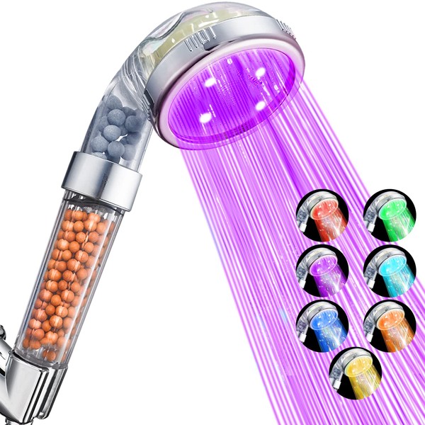 Nosame® Led Shower Head, Filter Filtration High Pressure Water Saving 7 Colors Automatically No Batteries Needed Spray Handheld Showerheads 1.6 GPM for Dry Skin & Hair