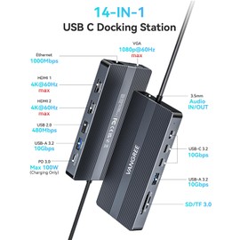 USB C Docking Station, 14 in 1 USB C Hub Multiport Adapter, Triple Display 3 Monitors with Dual 4K HDMI+VGA, 100W PD, 5xUSB A/C 10Gbps, Ethernet, SD/TF, Audio Ports for Laptop/Lenovo/Dell/HP/Surface