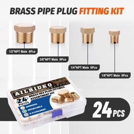 Ailbiuko 24 PCS Brass Hex Pipe Plug Fittings Kits 1/8" 1/4" 3/8" 1/2" NTP Brass Plug Male Threaded