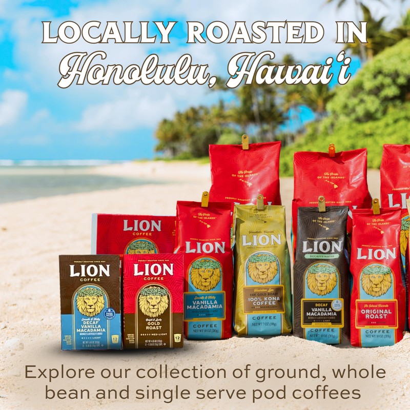 Lion Coffee Chocolate Macadamia Flavored Ground Coffee, Light Roast, Hawaiian