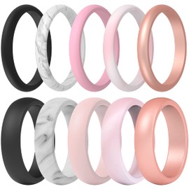 ThunderFit Silicone Wedding Rings for Women, Classic and Thin 10 Mixed Rubber Engagement Bands (Black, Marble, Light Pink Mix, Faint Red, Rose Gold - Size 9.5-10 (19.8mm))