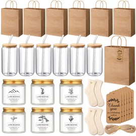 Marsui 6 Sets Baby Shower Prizes for Winners 16oz Iced Coffee Cups with Bamboo Lids and Straws 4oz Candles White Fuzzy Socks Gift Bags and Tags for Bridal Shower Wedding Game Prizes