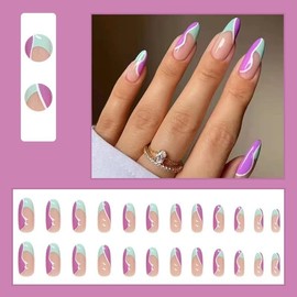 24 Pcs Cute Oval Almond Shape Press on Nails, Medium Length Fake False Nails with Glue, Gel Acrylic Nail Art for Women and Girls Stick on Nails