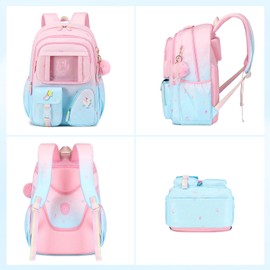 MUSEVOS Sweet Gradient Color School Backpack for Girls, Kawaii Girls Backpack Kids Bookbag, Elementary Middle Schoolbag, Pink/Blue