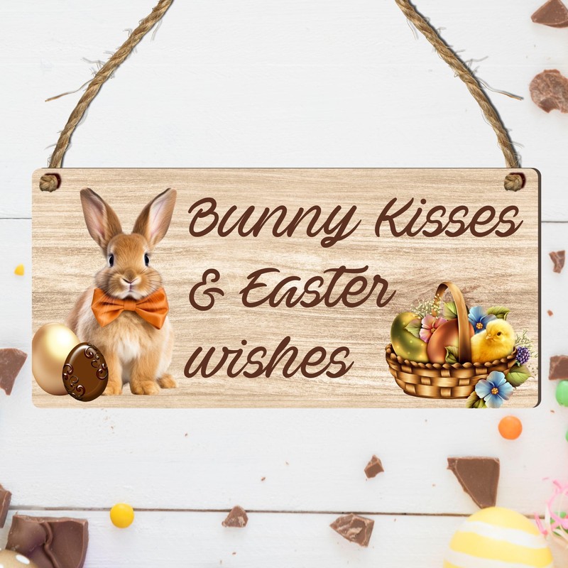 Bunny Kisses & Easter Wishes Wooden Plaque - Handcrafted Easter