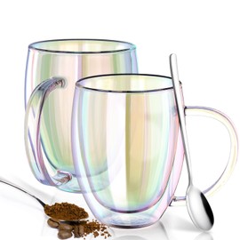FULGNU Double Wall Glass Coffee Mugs Set of 2, 12 Oz Coffee Mugs with Handle Clear Iridescent Glass Cups, Perfect for Espresso, Cappuccino, Latte, Americano, Tea Bag, Beverage