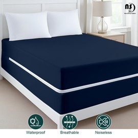 Zippered Mattress Encasement Queen Size,100% Waterproof Polyester Mattress Protector,Premium Zipper Mattress Cover with Six-Sided Protection, Absorbent Mattress Cover 15" Deep Pocket(Navy Blue)