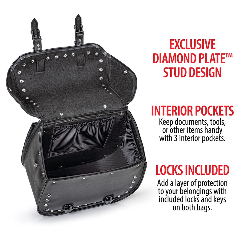 Diamond Plate Heavy Duty Waterproof PVC with Studs Motorcycle Saddlebag