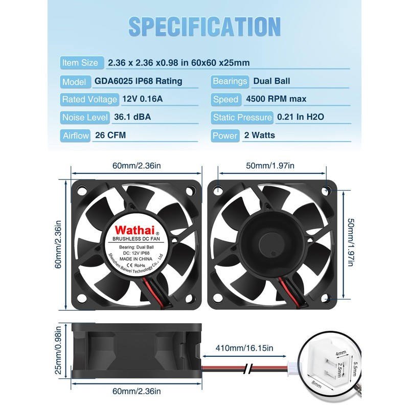 Wathai IP68 60mm x 25mm DC 12V Waterproof Cooling Fan