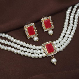 I Jewels Girls 18K Gold Plated Indian Wedding Handcrafted Beaded Choker With Earrings (Ml237R) Red