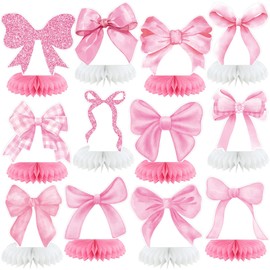 Weekgrat 12 Pcs Pink Bow Party Decorations Honeycomb Centerpieces Pink Bow 3D Coquette Table Toppers Honeycomb Centerpieces for Bachelorette Bridal Wedding Birthday Party Supplies