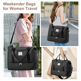 Travel Duffel Bag, Sports Gym Tote Bag for Women, Carry on Luggage Bag for Airplanes, Lightweight Weekender Overnight Shoulder Bag Waterproof Beach Hospital Bag with Shoes Compartment, M31-Black